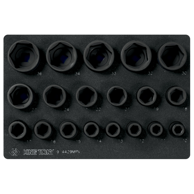 KING TONY Набор ударных торцевых головок 1/2", шестигранные, 10-36 мм, ложемент, 19 пр 9-4429MPV